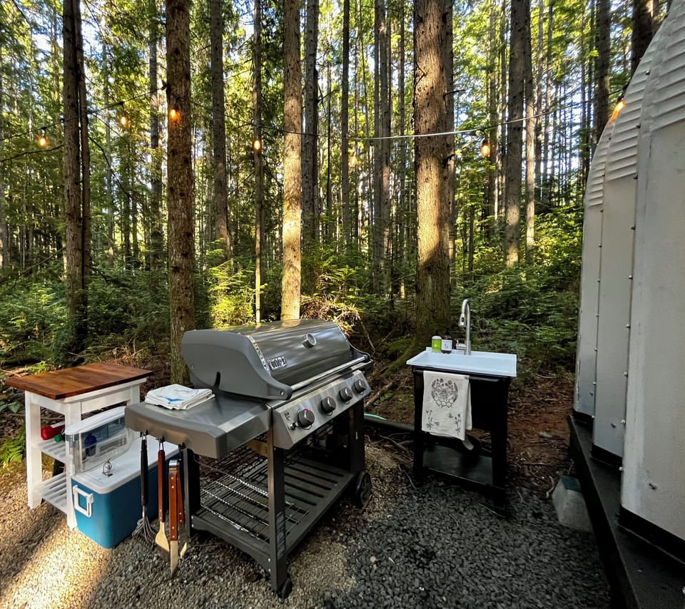 Kitchen area includes a sink, a Weber 4 burner grill, cooler and counter areas. 