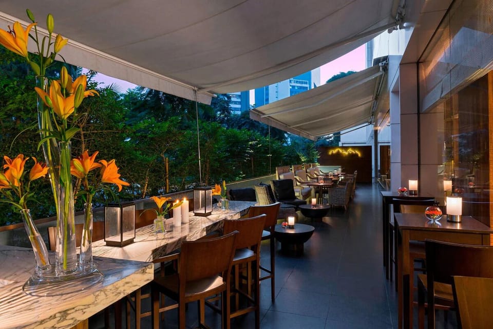 Sip cocktails outdoors under canopies with leafy city views.