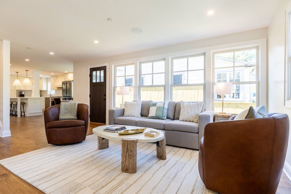 Overflow conversation from the kitchen and dining room can easily extend into the family room.