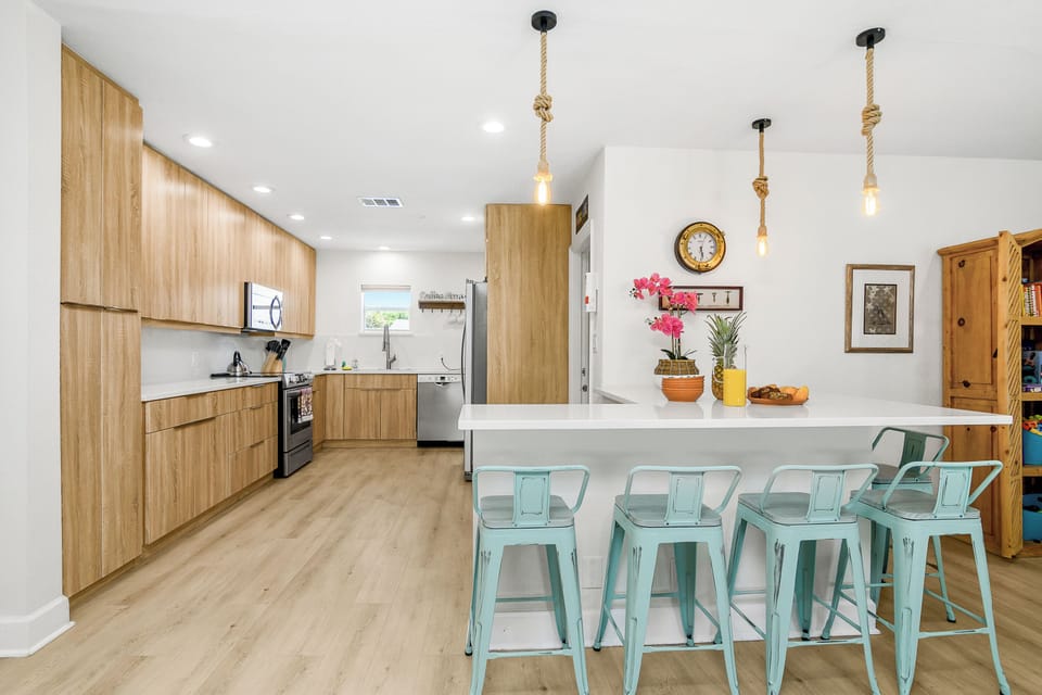 Our fully stocked kitchen includes everything you need to cook and dine comfortably, from cookware and utensils to dishes.