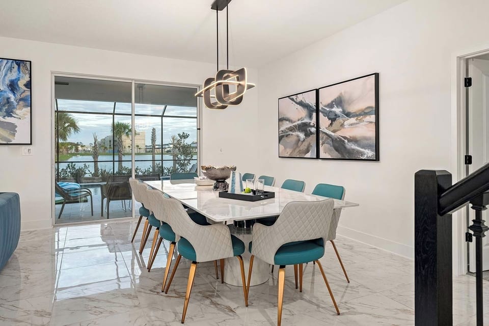 Gather for memorable meals with sparkling lake views beyond.