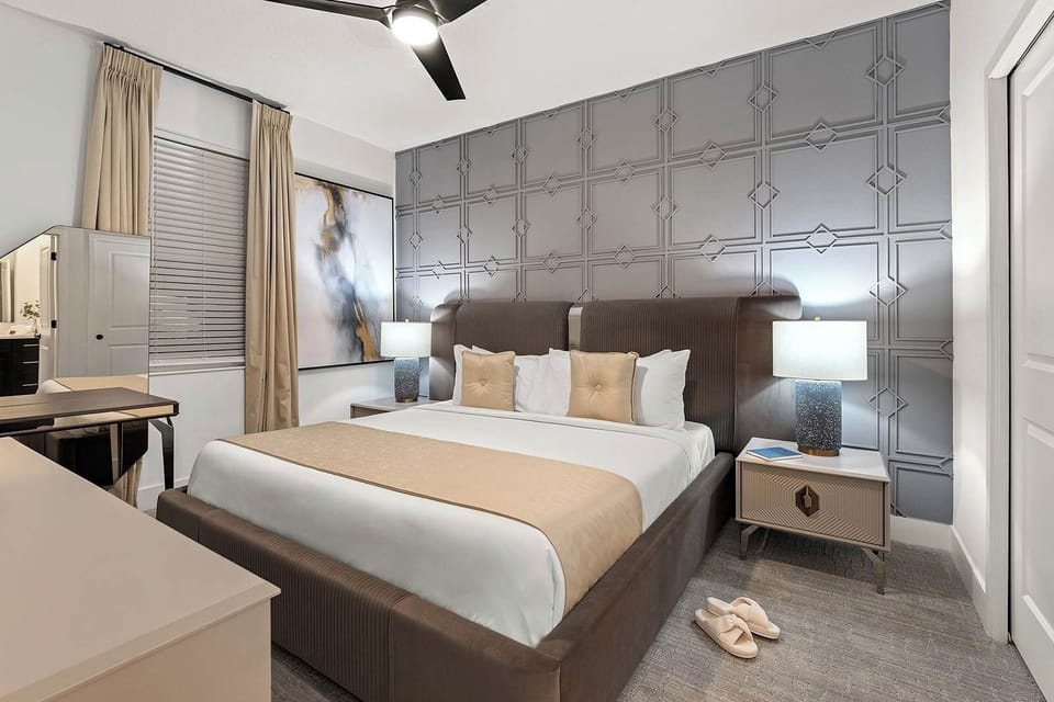 Sink into a luxurious bed framed by elegant geometric design.
