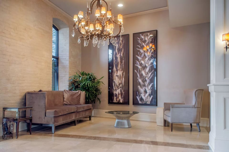 Unwind beneath the chandelier in this elegant, quiet lobby.