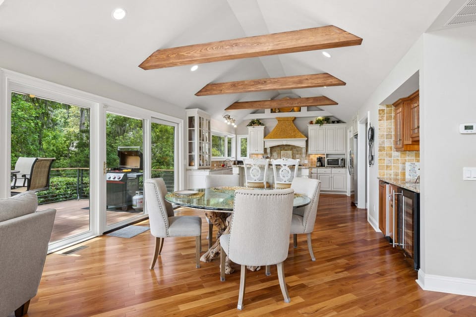 Features soaring cathedral ceilings.