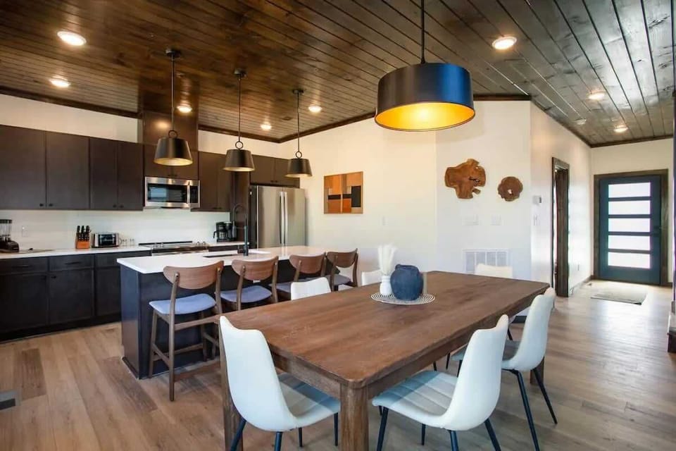 Kitchen and dining area located on the main level of the property. 