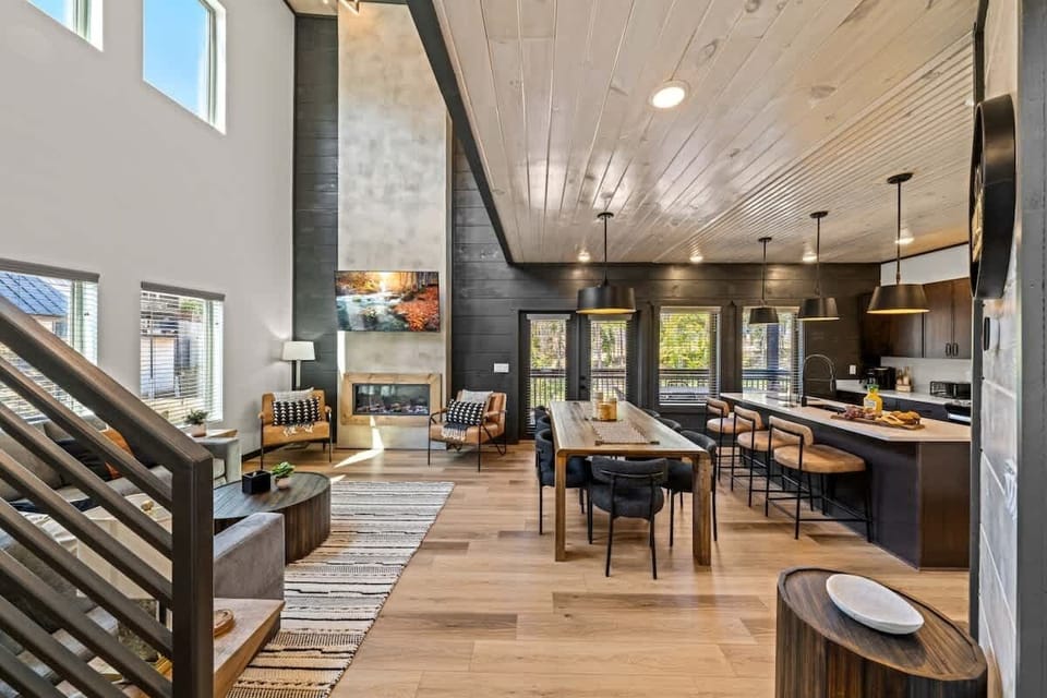 Main level dining, kitchen, and living area located on the main level. 