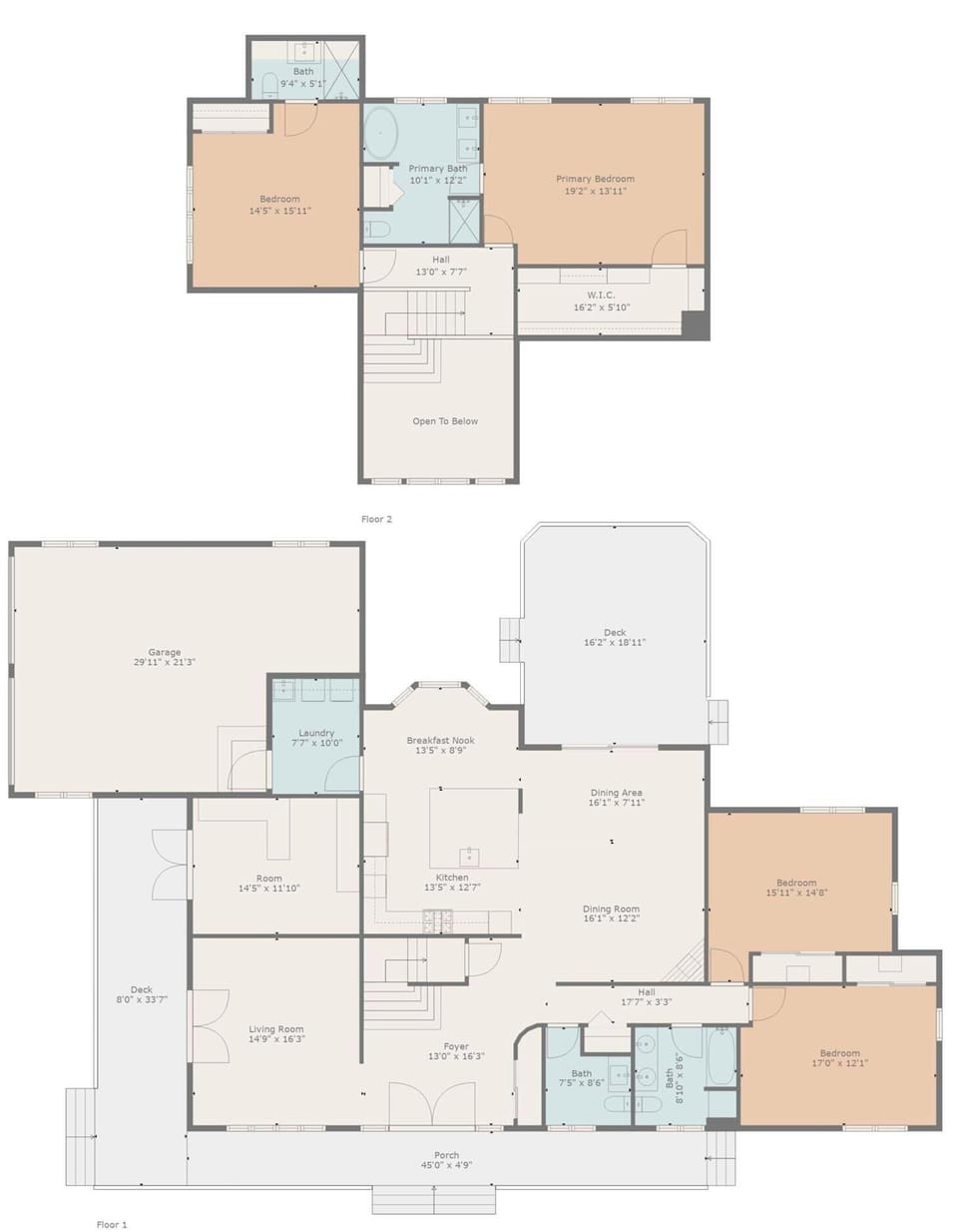 Floor plan — two levels, 4 bedrooms, approximately 2,900 sq ft