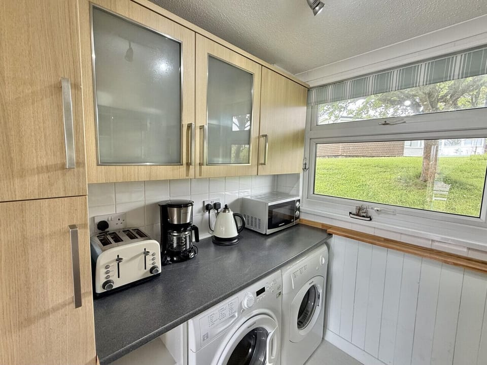 Well equipped galley kitchen with washing machine and tumble dryer