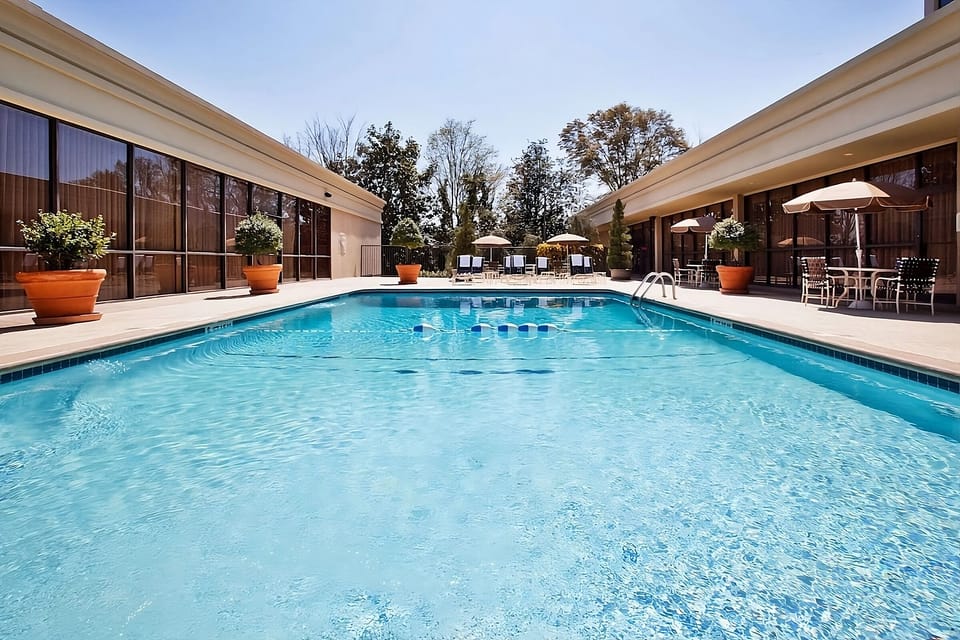 Dive into a sparkling outdoor pool framed by sunlit loungers.