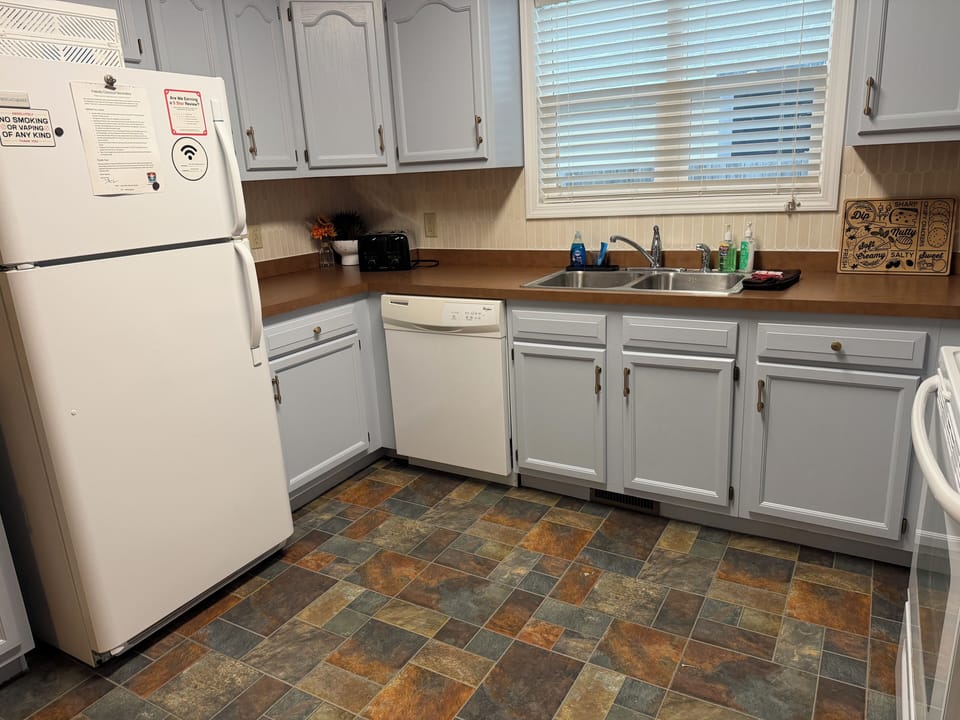 Bright, well-stocked kitchen with dishwasher, full fridge, and sunny window