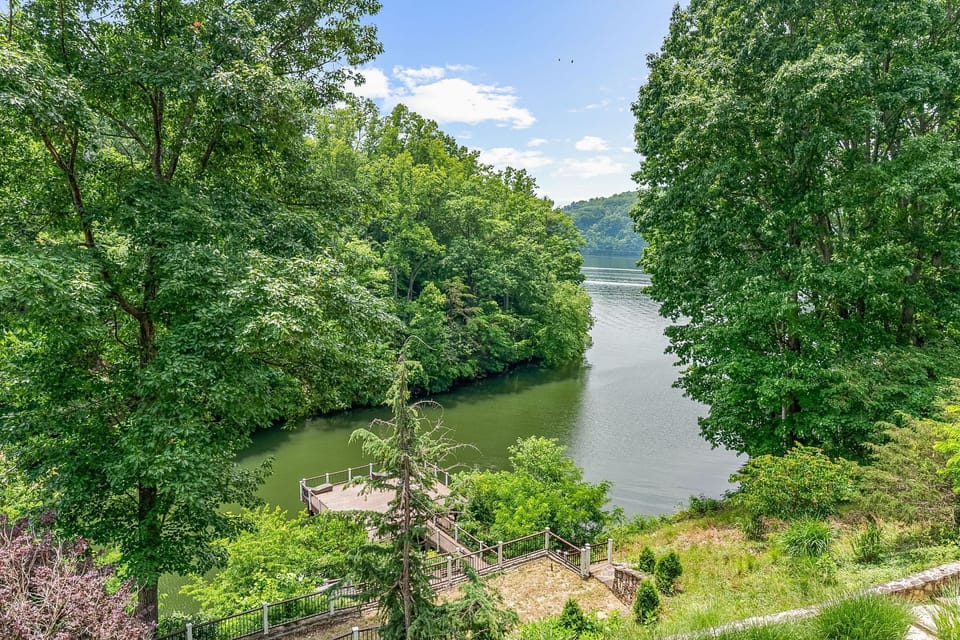 Overlooking trees and water below.