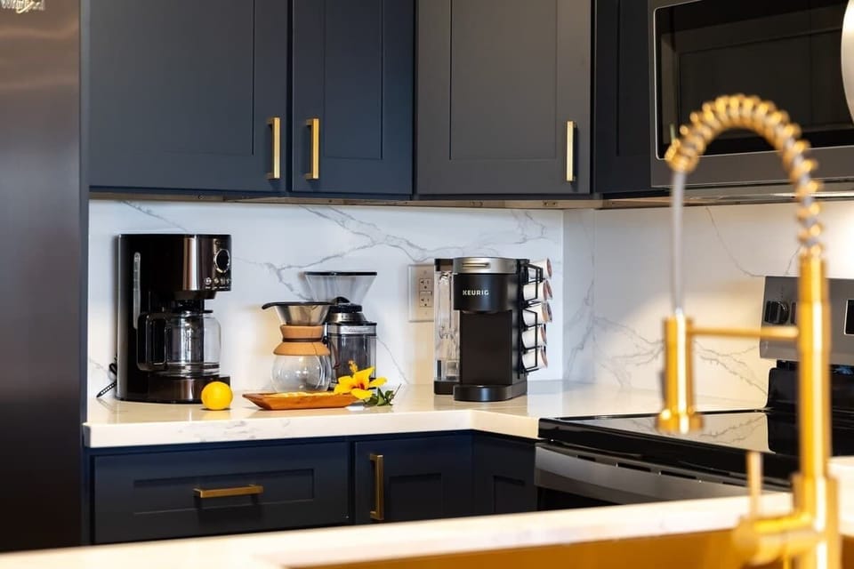 Sleek kitchen with matte black cabinets and gold hardware