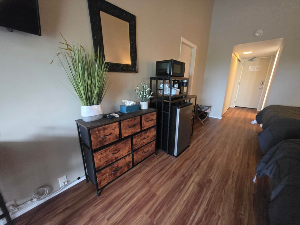 Mini fridge, microwave and coffee maker