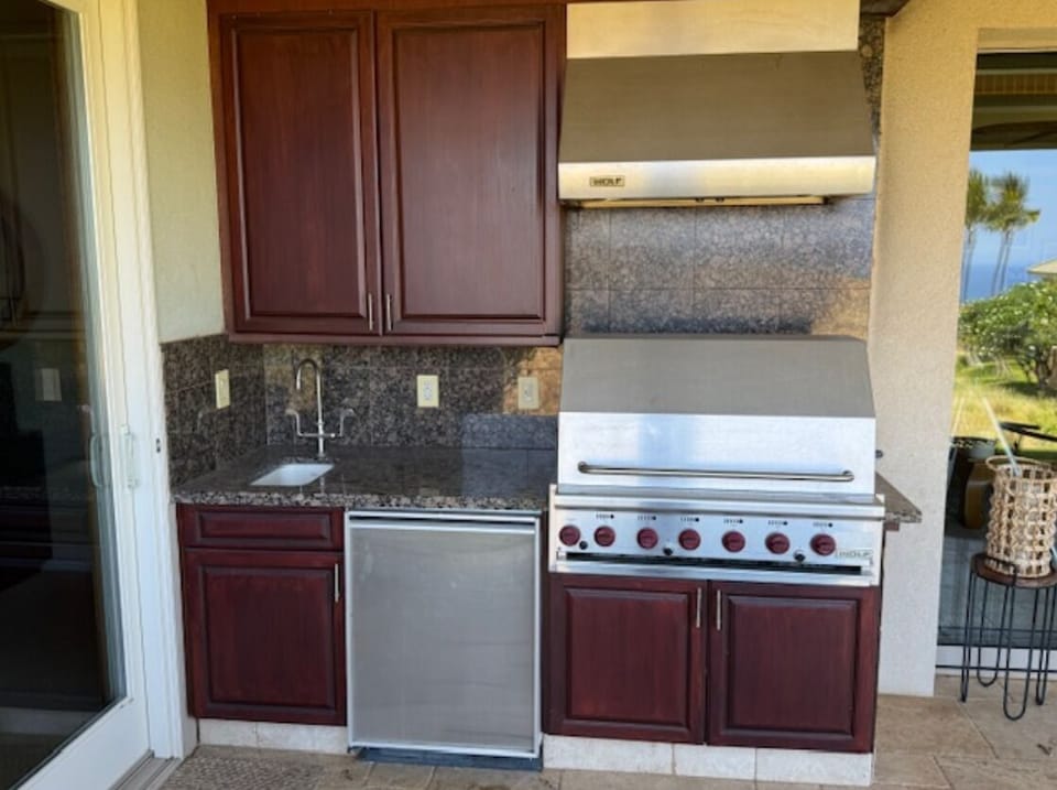 Outdoor kitchen including Wolfe gas grill, small refrigerator, and sink