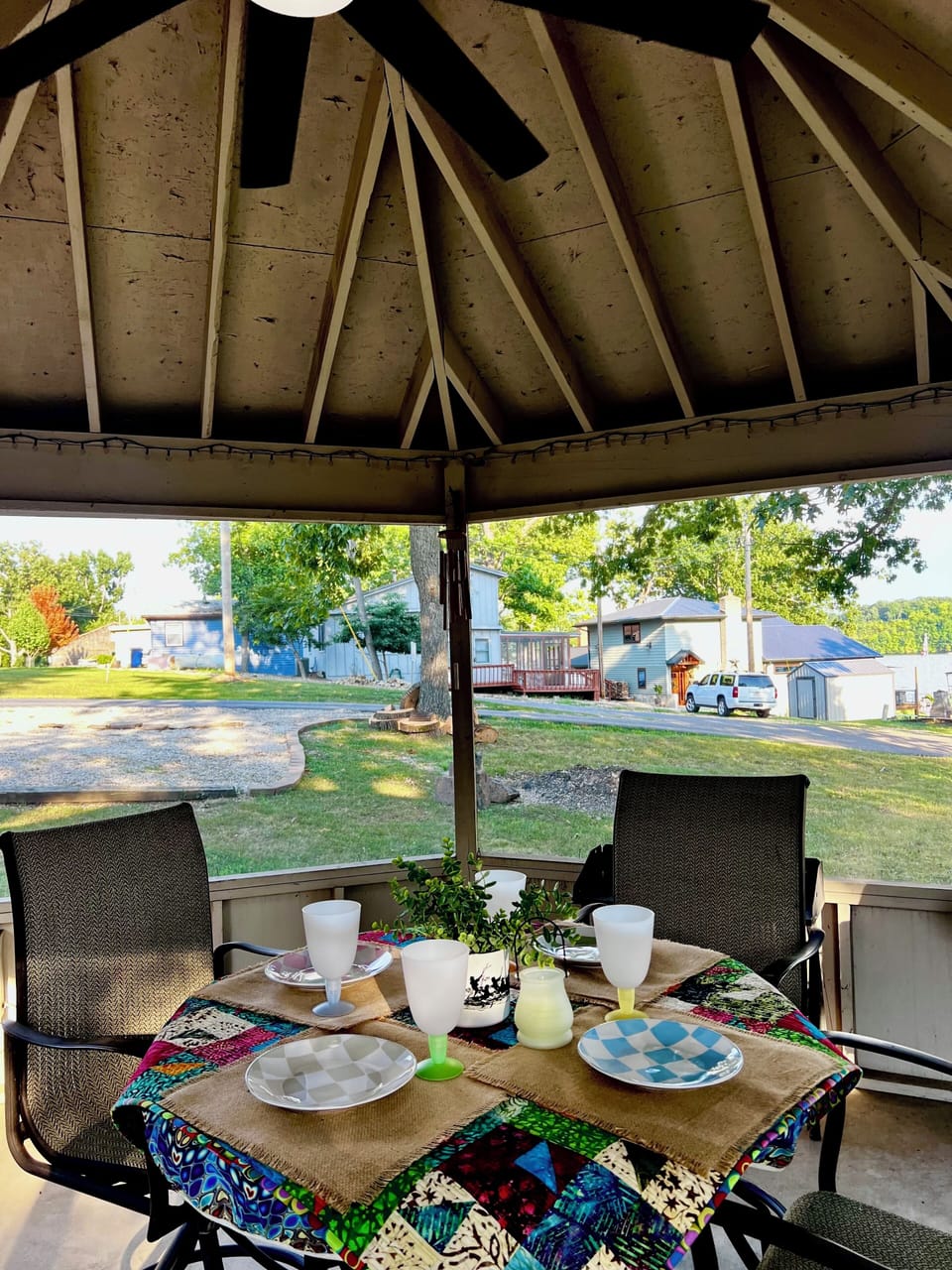 Screened gazebo, lights and fan