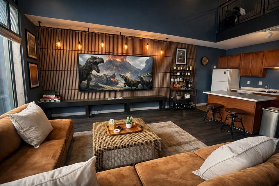 Open-concept living space with cozy seating, warm lighting, and a large screen for movies or game nights. Flows seamlessly into the kitchen—perfect for relaxing and entertaining.