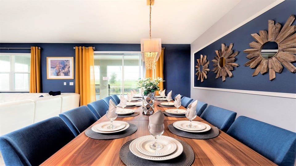 Stunning dining setup with seating for 10, modern decor, and natural light