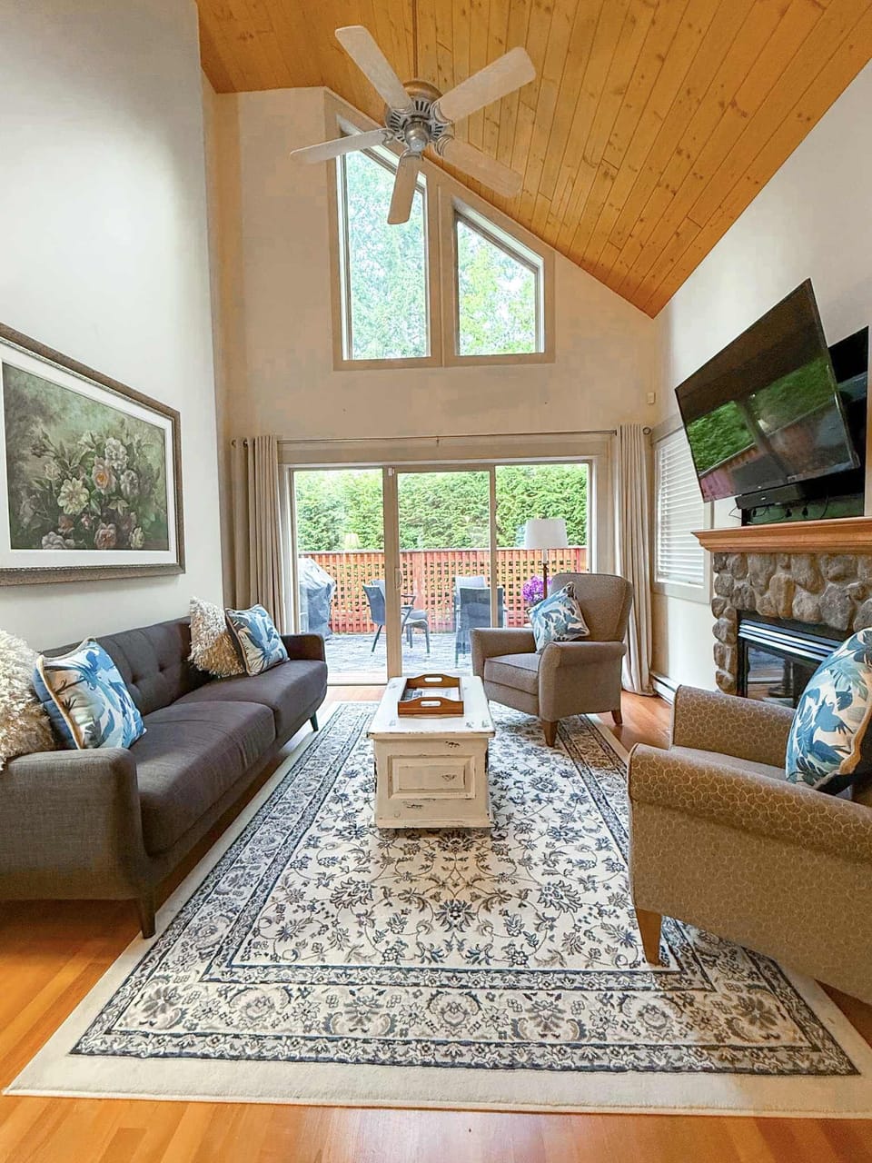 Living Space. Vaulted Ceilings with controlled fan and natural gas fireplace.
TV