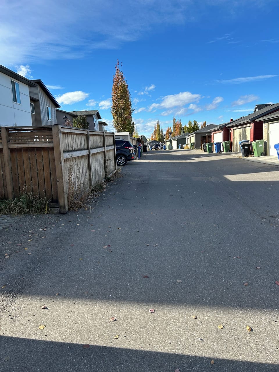 Back alley access to parking stall