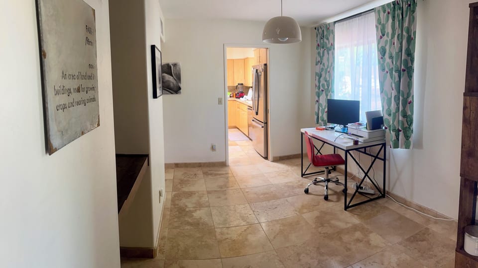 Front office with desk, extra monitor and printer