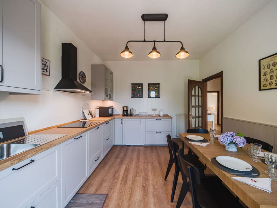 Kitchen, Countertop, Interior Design, Furniture, Kitchen Appliance, Cabinetry, Wood, Ceiling, Flooring, Major Appliance