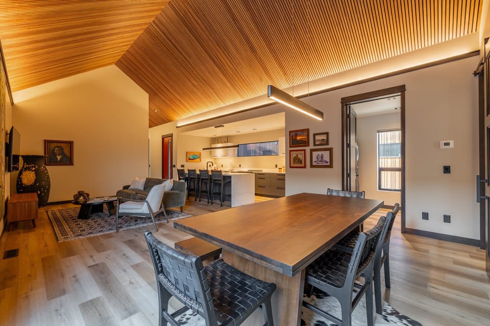 Open dining, kitchen and living room area.