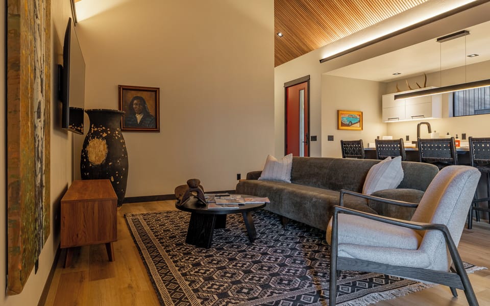 Cozy living room with smart tv is a great place to relax after the day's adventures.