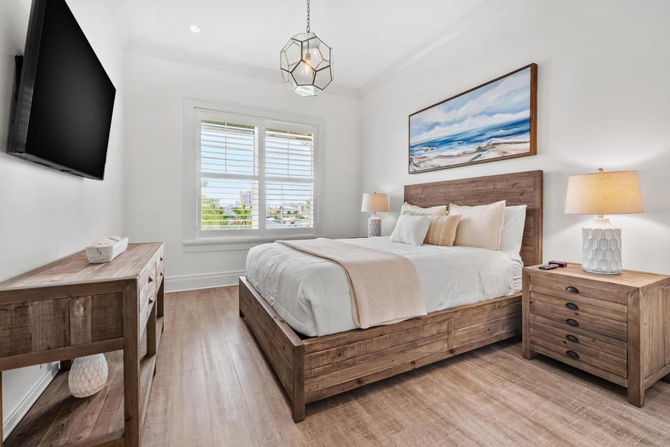Sturdy, quality, RH furniture in the cozy, beachy 3rd bedroom.