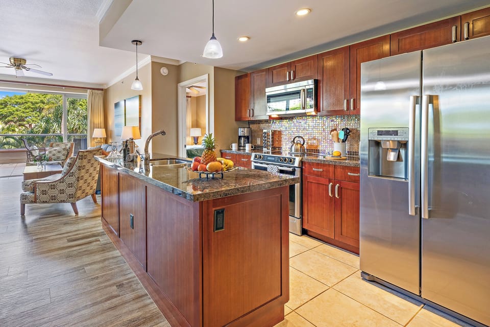 The kitchen in Honua Kai Konea 230/232 is stocked and ready for everything from quick bites to full feasts
