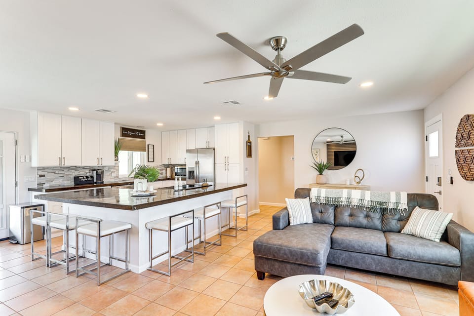 Living Room | Single-Story Home | Queen Sleeper Sofa | Central A/C & Heating