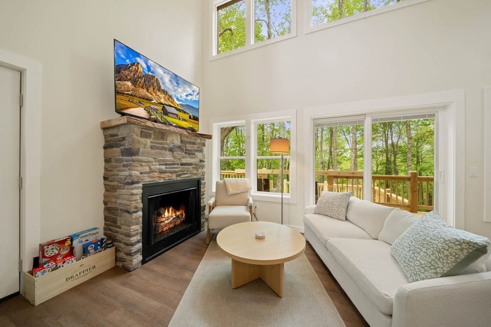 Stacked-Stone Gas Fireplace and Large Screen TV
