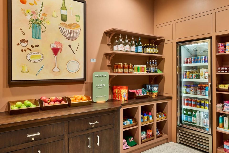 Mini market with snacks, drinks, and fresh fruits