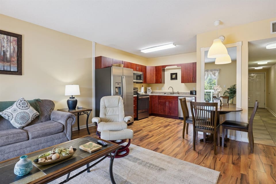 One bedroom Pigeon Forge Condo Whispering Pines 431 Mountain Vie - Spacious Living Room with Gas Fireplace, Sleeper Sofa and SMART TV with Cable & WIFI throughout vacation rental