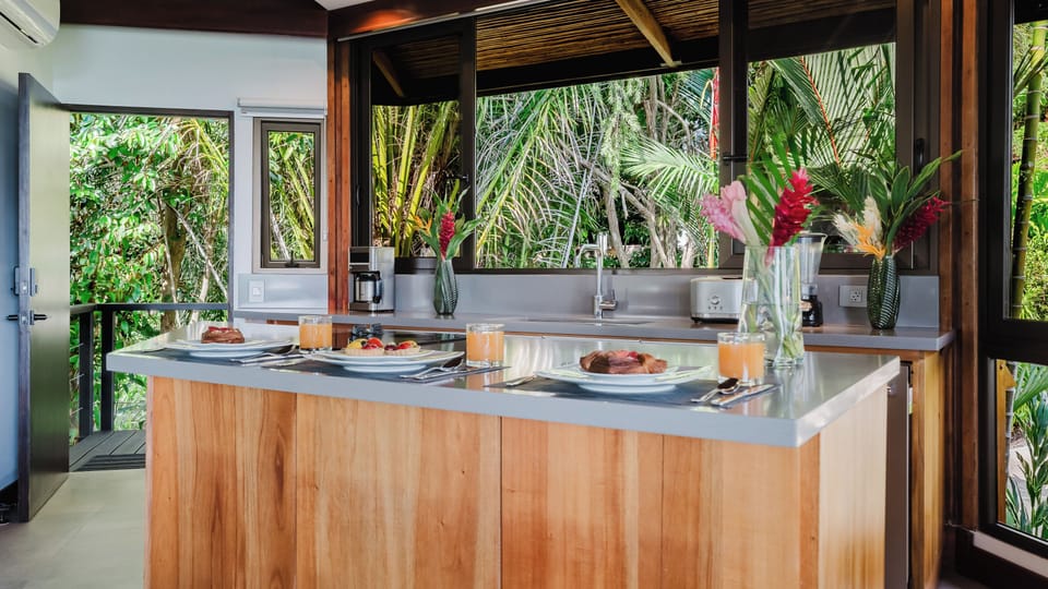 Kitchen and breakfast bar with a jungle view
