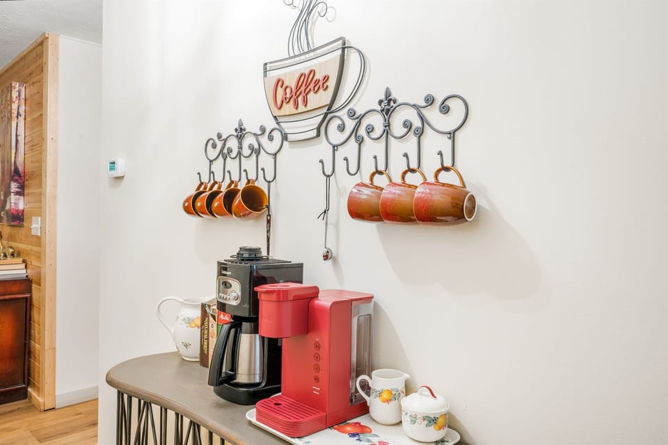 Dedicated coffee bar stocked and ready for mornings before heading out. Brew a cup, grab a mug, and start the day slow—or fuel up for a full Smoky Mountain adventure.