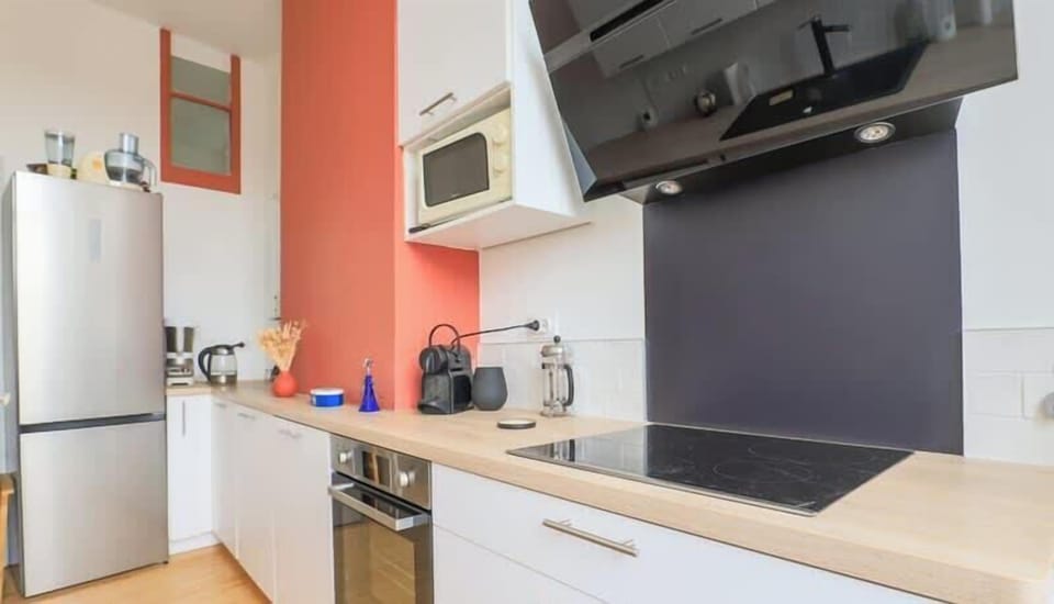 Cuisine toute équipée, frigo avec une partie congélateur, four, plaque de cuisson, machine à café, micro-ondes