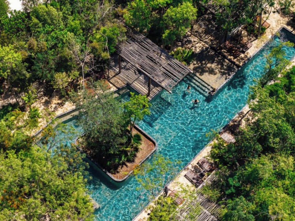 Rodeada de palmas y árboles nativos, esta piscina con diseño orgánico ofrece una experiencia de descanso sofisticado en plena jungla. Un rincón que combina privacidad, elegancia rústica y un contacto íntimo con la naturaleza.