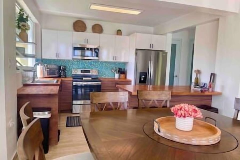 View of the kitchen from the dining room area.