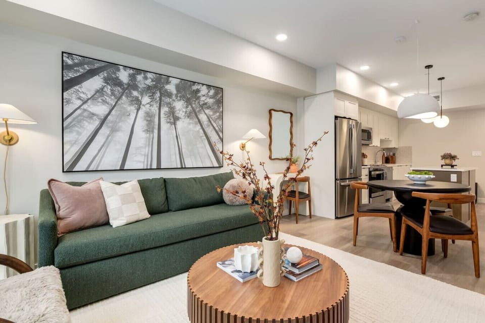 Living area with a sofa bed.