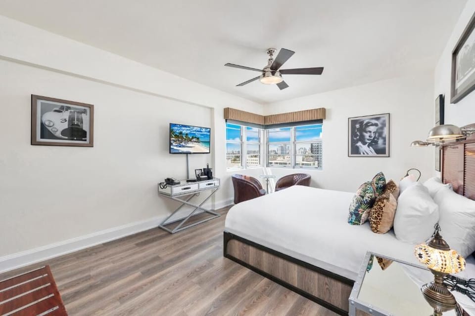 Recharge beside bright corner windows and skyline views.
