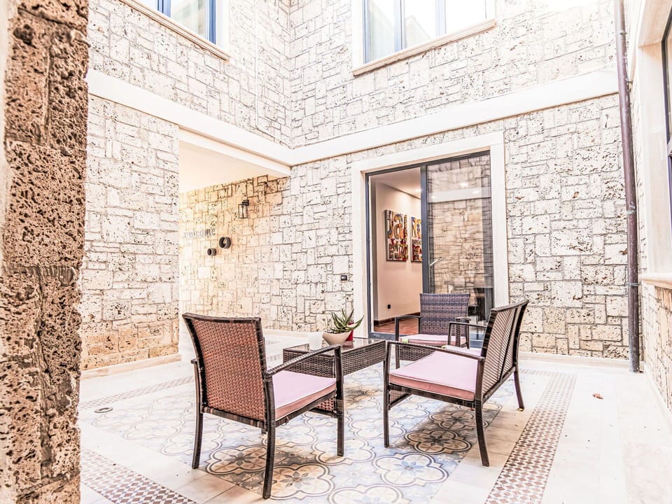 Floor, Door, Apartment, Brick, Handrail, Tile, Balcony, Houseplant, Courtyard