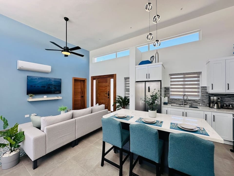 Island and living room