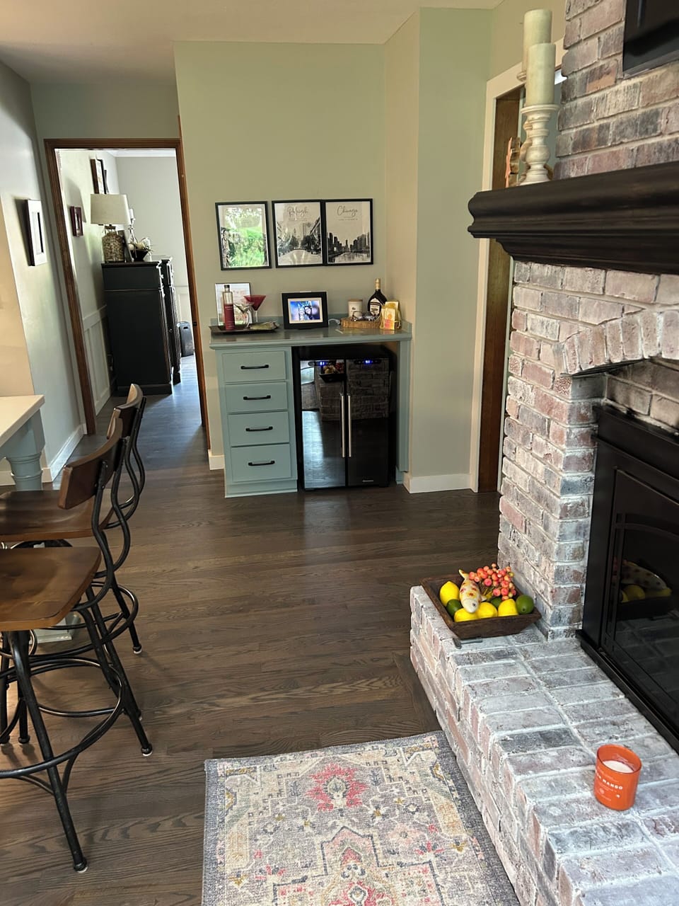 Kitchen w/ fireplace #2, wine fridge & TV above mantle