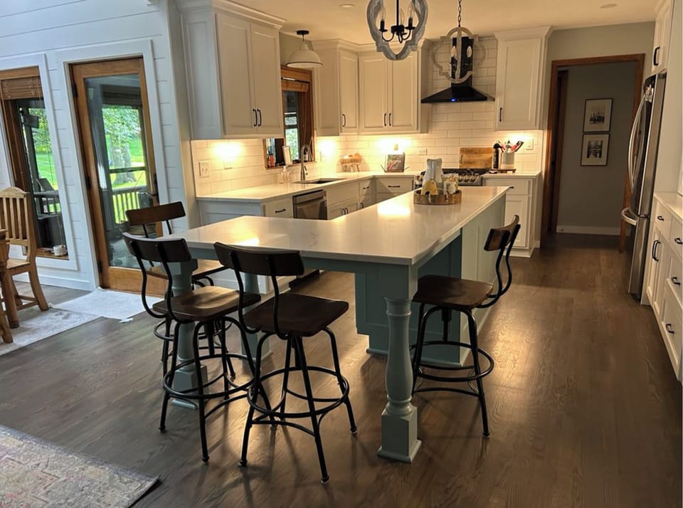 Kitchen island, 4 bar stools to play games, watch tv, eat, or serve a buffet