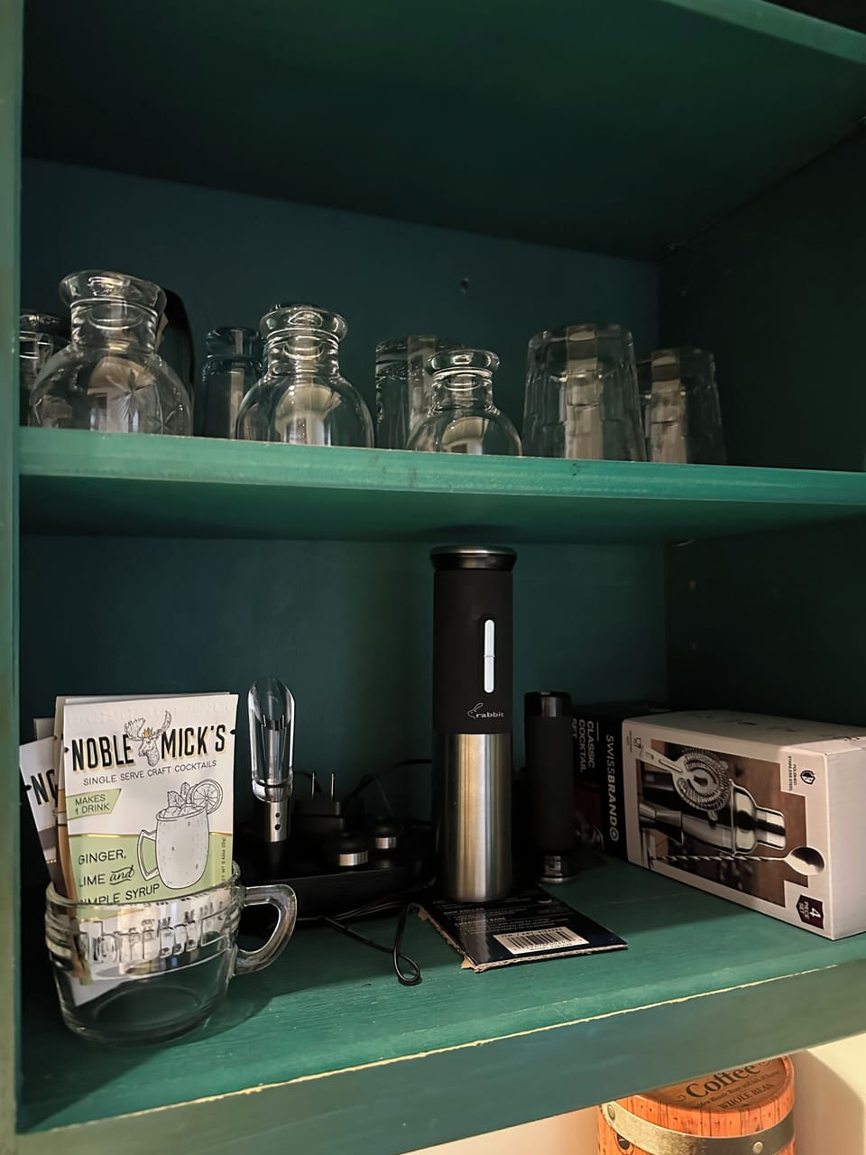 Cocktail glassware, wine bottle opener and cocktail mixing tools
