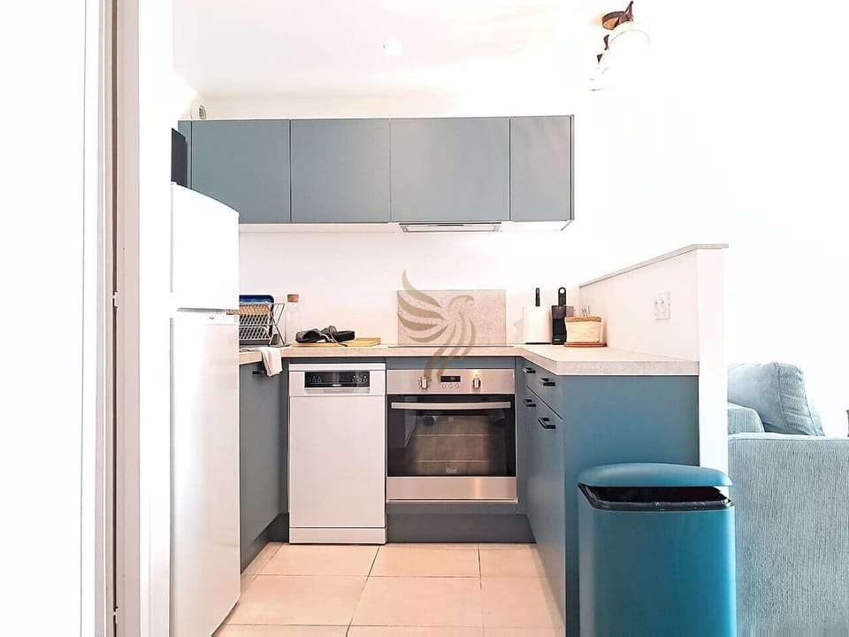 Cuisine équipée avec four, plaques et rangements pratiques.