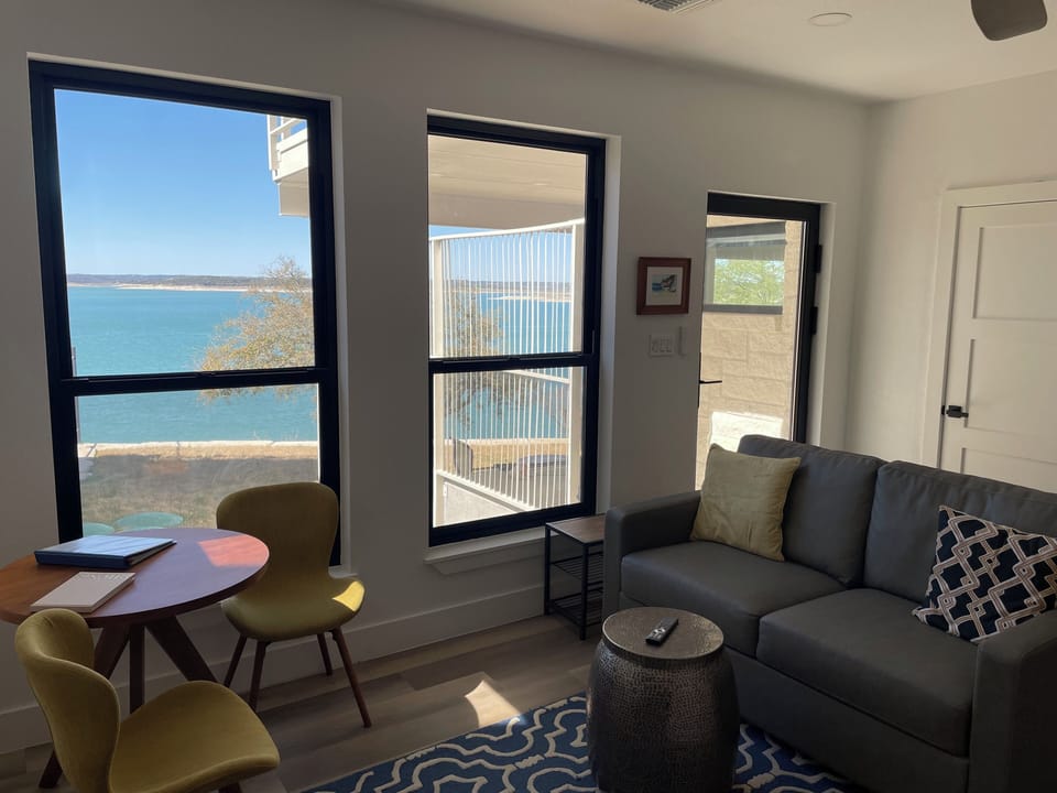 View of the lake from the living/dining area.