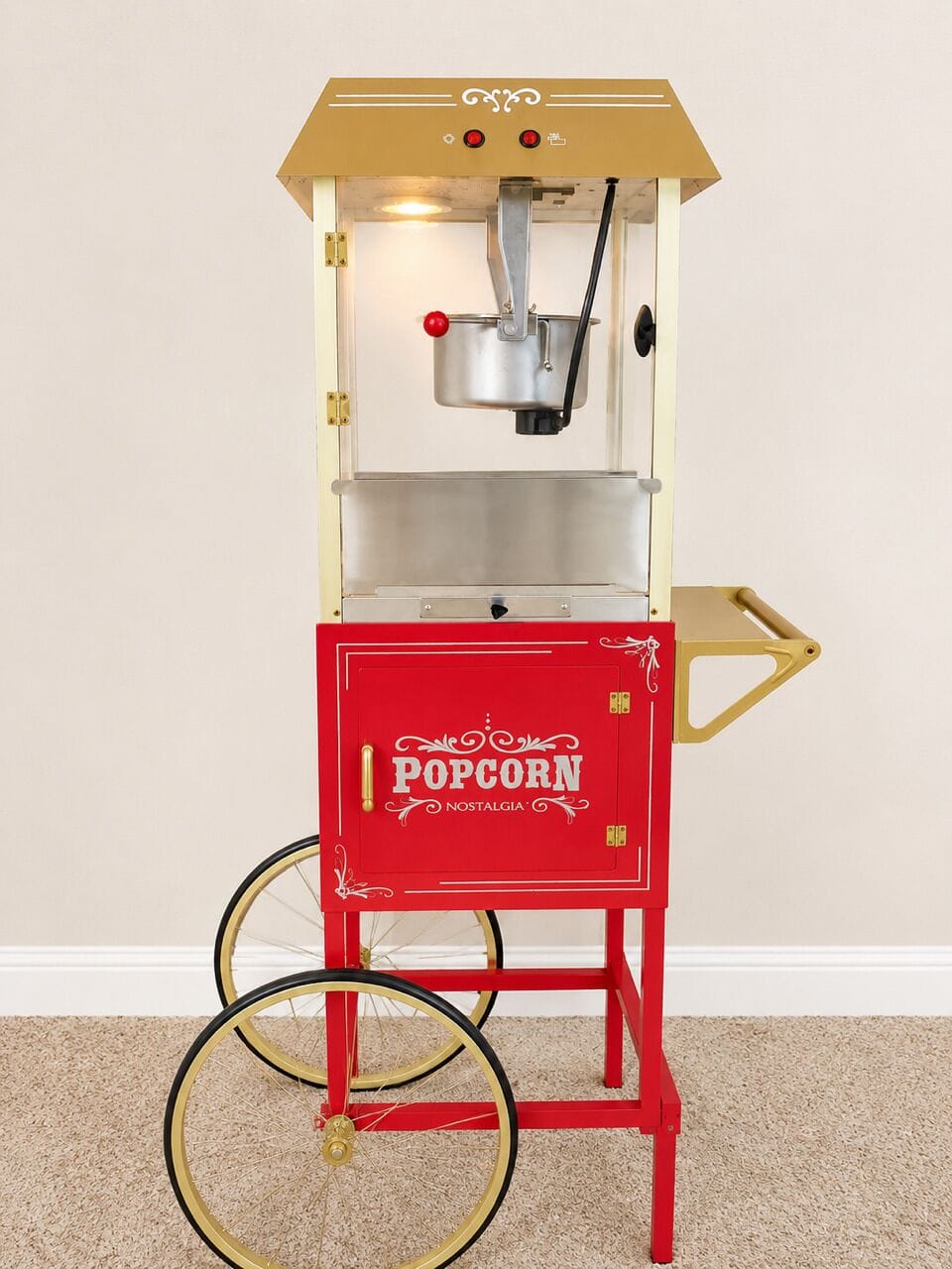 🍿 Vintage popcorn cart stocked and ready for movie nights, game days, and family fun.