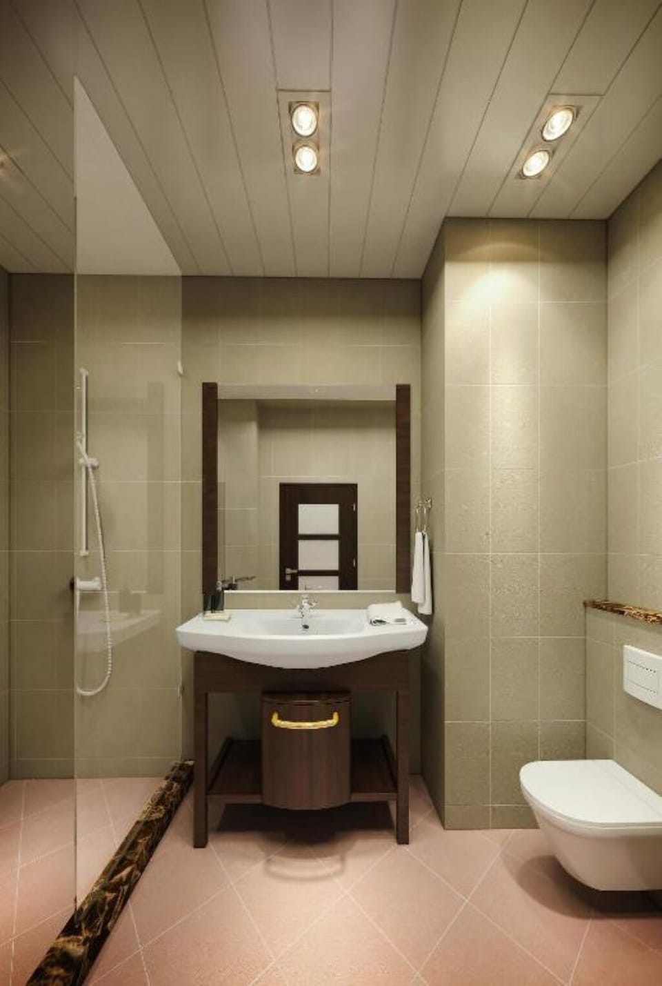 Refresh comfortably in the bright, modern shower and vanity.