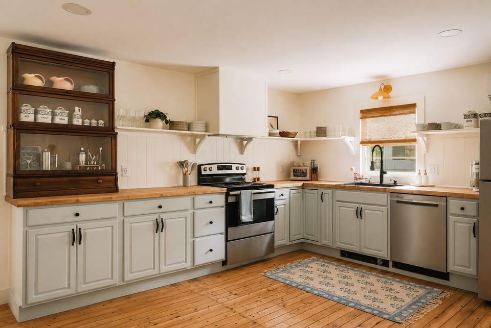 Cook a full meal using the stove, dishwasher, and butcher block counters in this kitchen. Dishes, glasses, and cookware are all set out and easy to find on the open shelving.